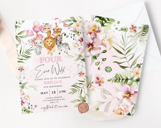 Editable four ever wild Birthday Invitation. Girls  four ever wild Invitation. Pink gold Safari animals 4th Birthday Invitation #saf2