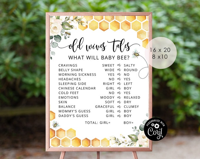 Old Wives Tales Sign, Bee Gender Reveal Sign, Bee Gender Reveal Printable Party Sign, He or She gender reveal games. Instant download #bee