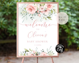 Floral blush baby shower Welcome  sign.  Editable greenery baby shower welcome sign. Coral pink welcome sign. Corjl Instant Download #fl2
