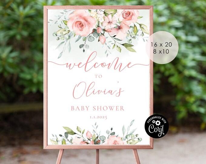 Floral blush baby shower Welcome  sign.  Editable greenery baby shower welcome sign. Coral pink welcome sign. Corjl Instant Download #fl2