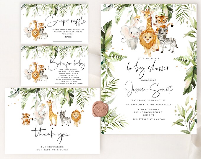 Safari Baby Shower Invitation bundle. Greenery gold jungle baby shower invitation bundle. Safari wild one Baby Shower Invitation set.  #saf3
