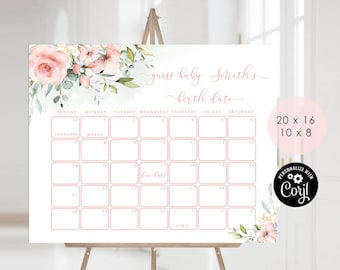 Floral Guess the due Date calendar. Blush Guess The Baby Birthday Game. Greenery Baby Shower Due Date Prediction #fl2
