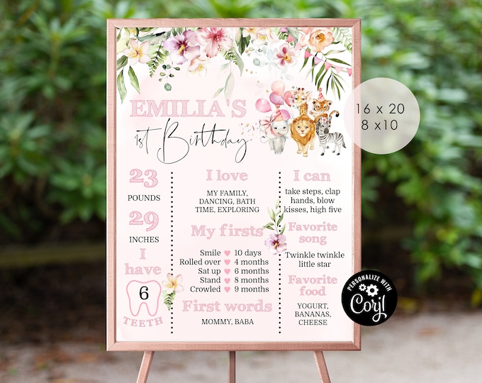 Safari Milestones Birthday board. Girl safari First Birthday Milestones Board. Blush pink floral jungle animals milestone sign. Corjl #saf2