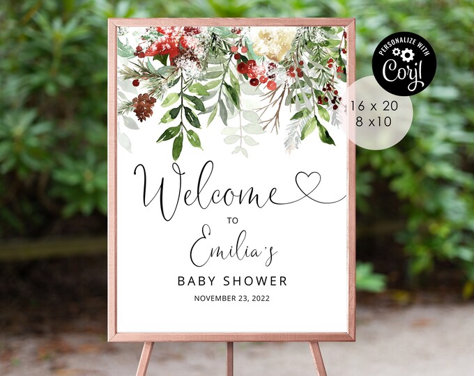 Baby It's Cold Outside Welcome  sign.  Editable snowy  winter baby shower welcome sign. Winter greenery Corjl Instant Download. #rg2