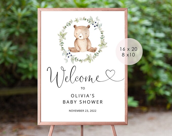 Teddy bear baby shower welcome sign. Bear welcome sign. Little bear baby shower decor. Corjl Instant Download. #w1