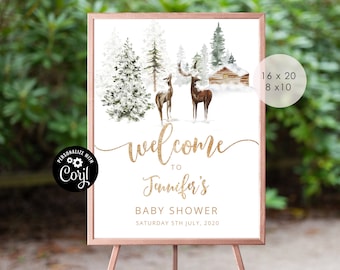 Baby It's Cold Outside Welcome  sign.  Editable winter baby shower welcome sign. Woodland welcome sign. Corjl Instant Download. #w3