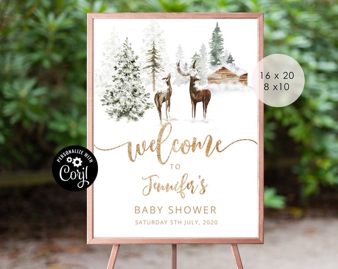 Baby It's Cold Outside Welcome  sign.  Editable winter baby shower welcome sign. Woodland welcome sign. Corjl Instant Download. #w3