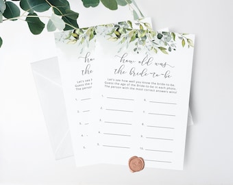 Eucalyptus Bridal Shower Game: How Old Was the Bride (Instant Download) #01