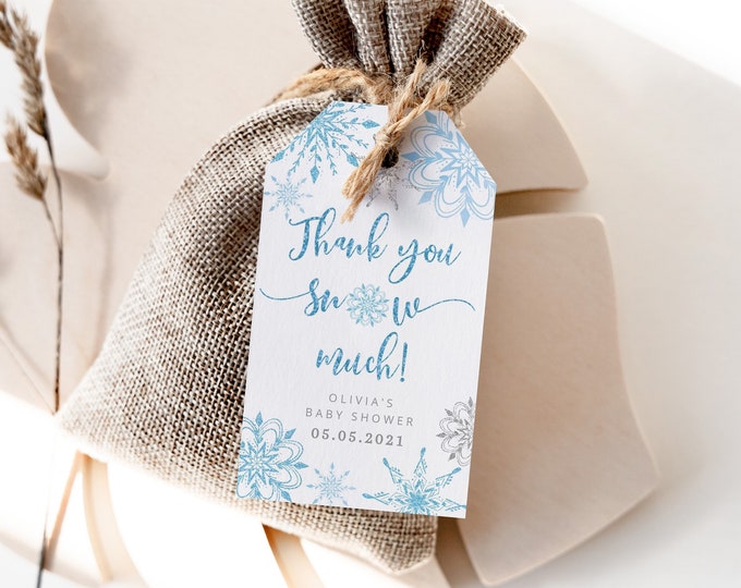 Thank you snow much favor tag template. Winter baby shower thank you tag.  Editable winter favor tag. Snowflake baby shower #sn2