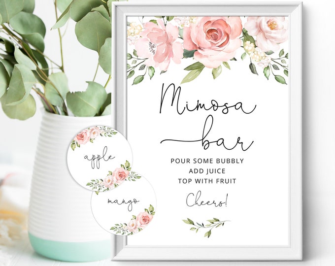 Floral Mimosa Bar Sign, Mimosa Bar Printable, Bubbly Bar Sign, watercolor boho Bridal Shower Decoration Signs, mimosa bar juice tags #br2