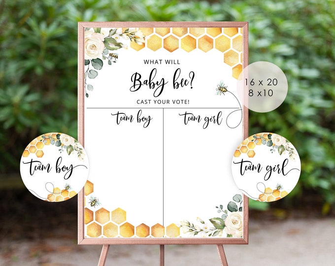 Bee Gender reveal Boy or Girl chart. What will baby bee Guess the Gender sign. Honey bee he or she sign. Cast Your Vote Sign #bee