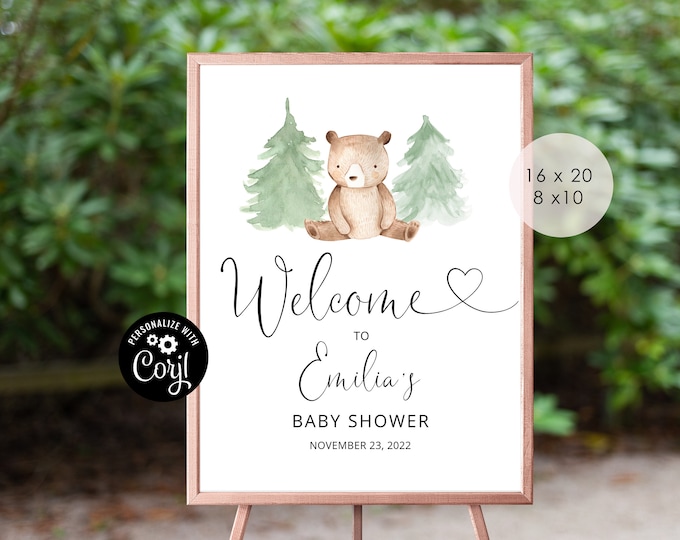 Bear baby shower welcome sign. Bear welcome sign. Little bear baby shower decor. We can bearly wait baby shower. Corjl Instant Download. #w2