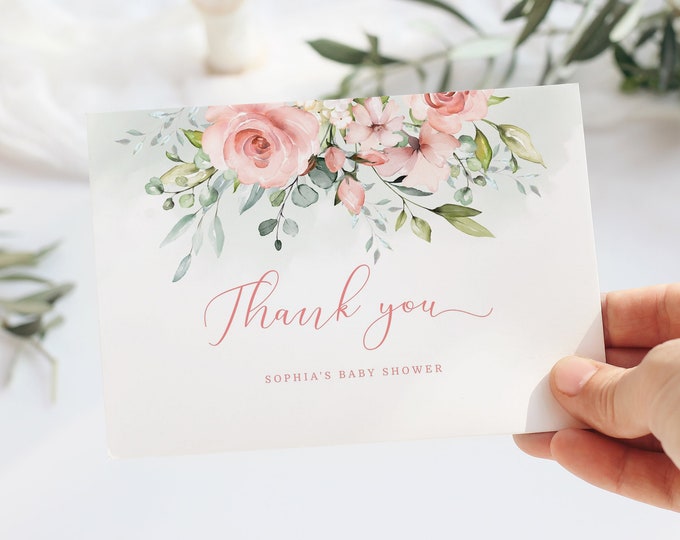 Floral Thank You Card Printable Template.  Blush pink  thank you card. Floral baby shower Thank You Card. Bohemian Thank You #fl2