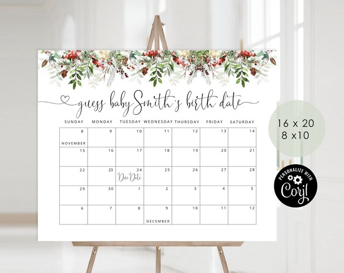 Winter Guess the due Date calendar. Evergreen Guess The Baby Birthday Game. Baby its cold outside Baby Shower Instant download #rg2