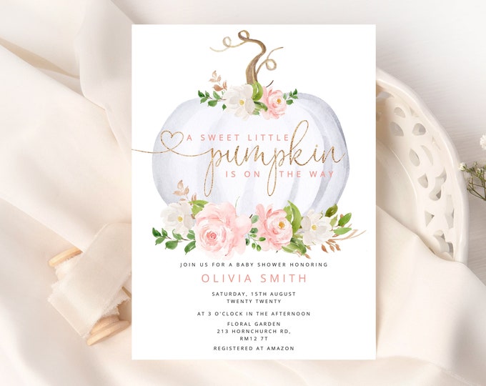 Little Pumpkin Baby Shower Invitation template. Floral Pink gold Girl Baby Shower. Fall Autumn Girl Invite.  Corjl Instant download #p3