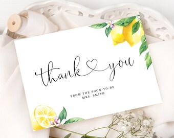 Lemon Thank You Cards Printable Template.  Bridesmaid thank you card. Citrus bridal shower Thank You Card. Bohemian Thank You Note. #lem1