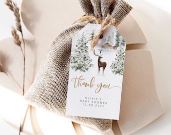 Winter baby shower thank you tag. Baby its cold outside favor tag template.  Editable forest favor tag. Winter baby shower #w3
