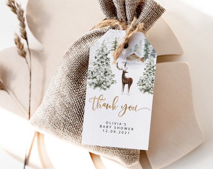 Winter baby shower thank you tag. Baby its cold outside favor tag template.  Editable forest favor tag. Winter baby shower #w3