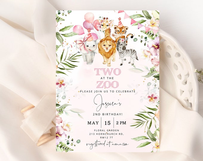 Editable Safari Two at the zoo Birthday Invitation. Girls two at the zoo Invite. Girls Floral jungle animals 2nd Birthday invitation #saf2