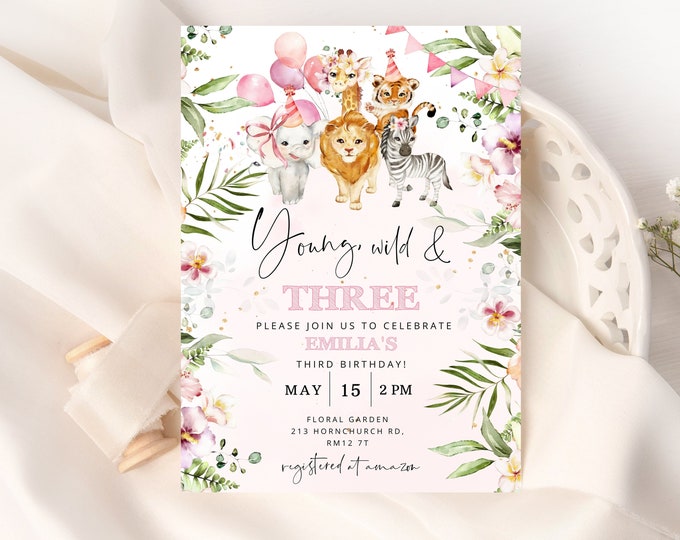 Editable young wild and three Birthday Invitation. Girls Wild And Three Invitation. Girls Safari 3rd Birthday Invitation #saf2