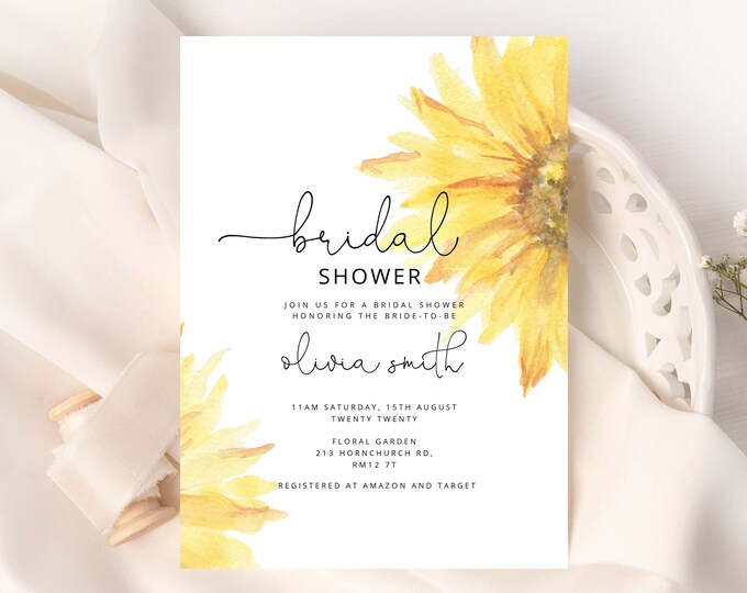 Sunflower Bridal Shower Invitation Template. Brunch and Bubbly Bridal Shower Invitation. Bridal Shower, Sunflower Invitation Corjl #sun1