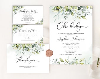 Greenery Baby Shower Invitation template. Oh baby baby shower invitation bundle. Eucalyptus Baby Shower Invitation set #02