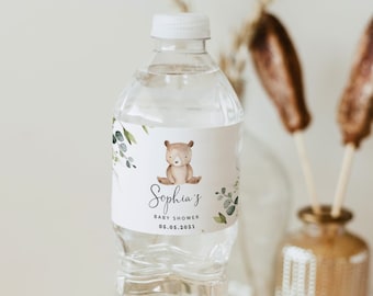 Bear Baby Shower Water Bottle Labels. Woodland Water Bottle Labels. Editable little bear water bottle label.  Corjl template #w5