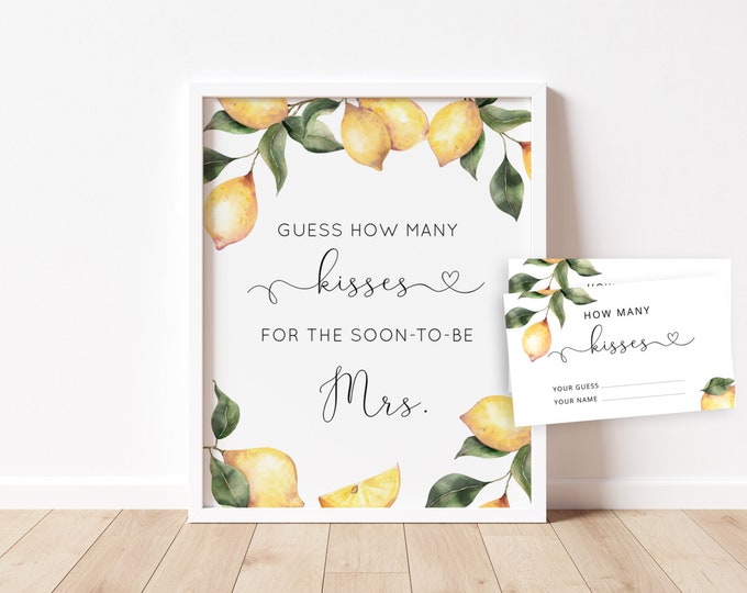 Lemon Guess How Many Kisses bridal game. Citrus Bridal Shower Guessing Games. How Many Kisses for the Mrs Instant Download #lm1