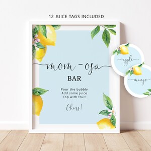 Blue Lemon Mom-osa Bar Sign, Citrus Bubbly Bar Sign. Blue Main squeeze Baby Shower Decoration, Mom-osa bar juice tags #lem4