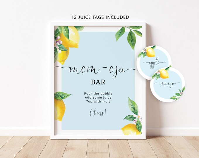 Blue Lemon Mom-osa Bar Sign, Citrus Bubbly Bar Sign. Blue Main squeeze Baby Shower Decoration, Mom-osa bar juice tags #lem4