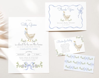 Silly Goose Baby Shower Invitation Bundle: Blue Bow, Boy (Editable in Corjl) #sg1