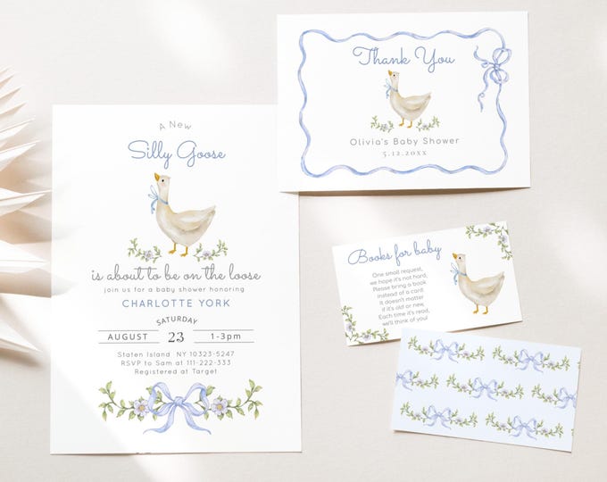 New Silly Goose Baby Shower Invitation bundle.  Blue Bow Baby Boy Silly Goose Baby Shower invitation bundle #sg1