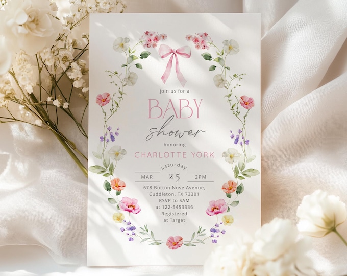 Wildflower Bow Baby Shower invitation | Spring floral wreath  (Corjl Editable template) #wl4