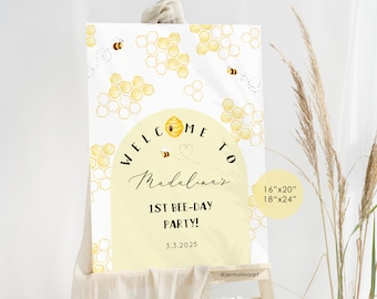 Bee 1st birthday welcome sign.  Honey bee first birthday welcome sign template. Editable Sweet to bee one welcome sign template #be1