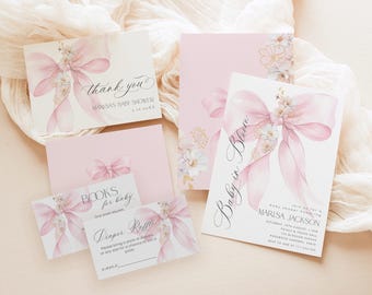 Pink Bow Baby in Bloom Baby Shower Invitation bundle. Elegant Bow Baby girl Shower bundle. Blush pink Bow floral baby shower bundle #bow2