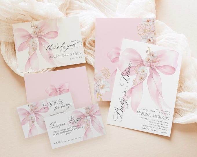 Pink Bow Baby in Bloom Baby Shower Invitation bundle. Elegant Bow Baby girl Shower bundle. Blush pink Bow floral baby shower bundle #bow2