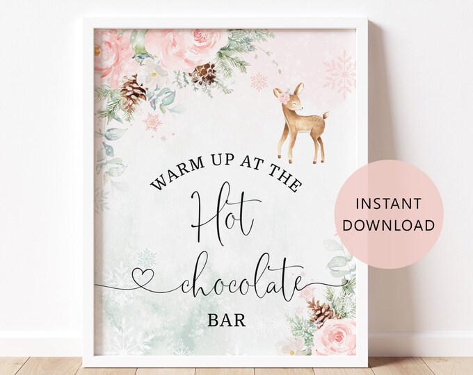 Hot chocolate bar Sign. Blush pink Deer Warm up at the Hot Chocolate bar Sign. Winter oh deer hot chocolate bar sign. Instant Download #wb7