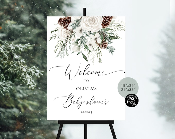 Winter baby shower welcome sign. Editable evergreen welcome sign. Christmas welcome sign  Corjl Printable template #ev1