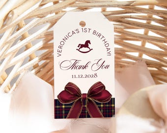 Winter Rocking Horse 1st Birthday Favor Tag: Elegant Classic Plaid Burgundy (Editable Corjl Template) #rh2