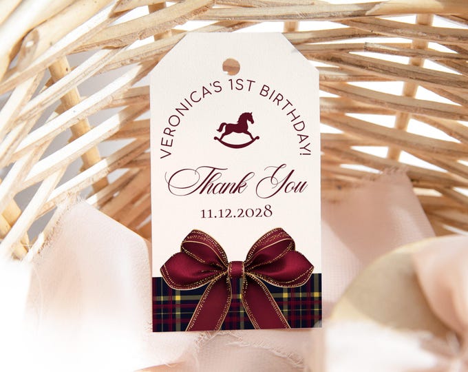 Winter Rocking Horse 1st Birthday Favor Tag: Elegant Classic Plaid Burgundy (Editable Corjl Template) #rh2