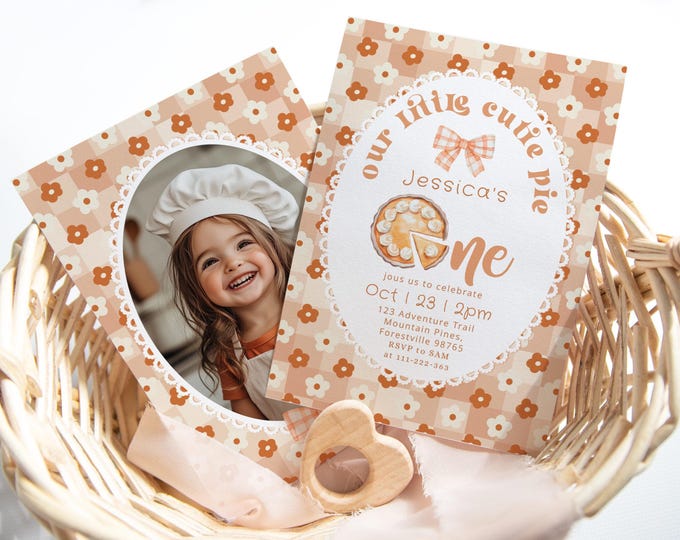 Cutie Pie First Birthday invitation with Photo, Bow (Corjl Editable template)  #pie1