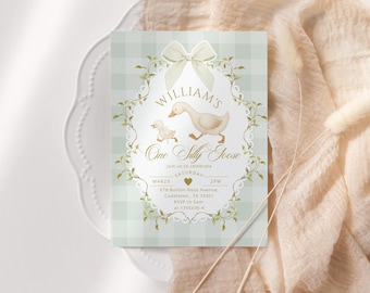 Editable One Silly Goose Gender neutral First Birthday invitation, Pistachio Gingham invite Corjl template #sg6