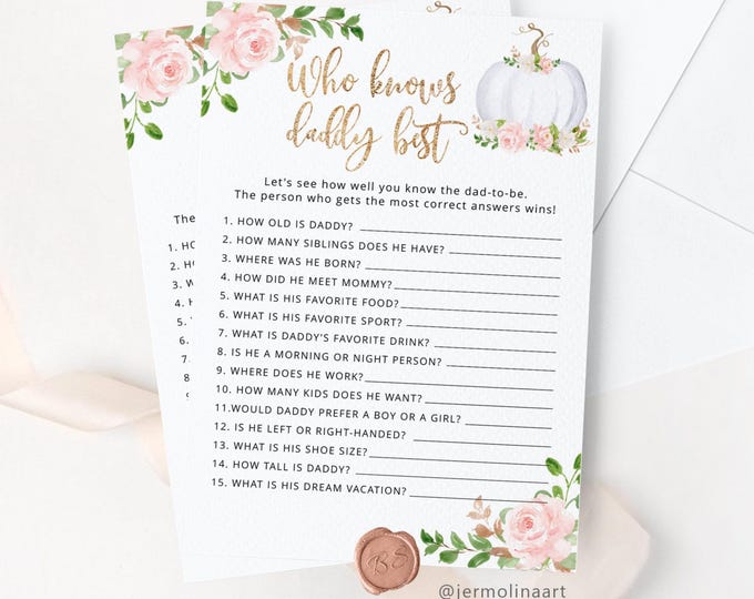 Pumpkin Who Knows Daddy Best game. Printable blush pink gold Pumpkin baby shower game. Fall Baby Shower Game. Instant Download #p3