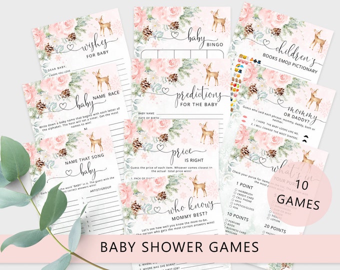 Winter deer Baby Shower Games Bundle. Blush pink oh deer Baby Shower Games. Floral baby shower games. Instant Download #wb7