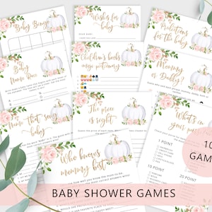 Pumpkin Baby Shower Games Bundle. Blush pink and gold Fall Baby Shower Games. Fall baby shower activity. Instant Download #p3