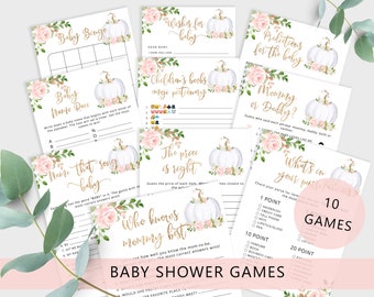 Pumpkin Baby Shower Games Bundle. Blush pink and gold Fall Baby Shower Games. Fall baby shower activity. Instant Download #p3