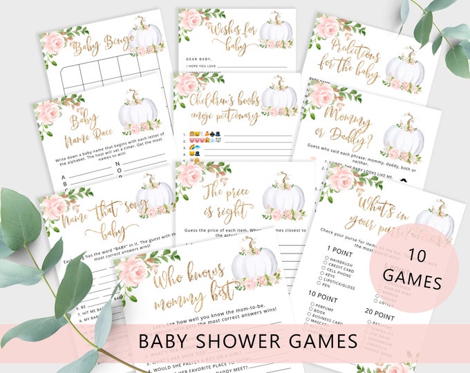 Pumpkin Baby Shower Games Bundle. Blush pink and gold Fall Baby Shower Games. Fall baby shower activity. Instant Download #p3