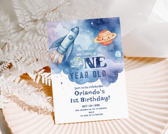 Outer Space 1st Birthday Invitation: Rocket Ship, Planets (Editable)  #sp1
