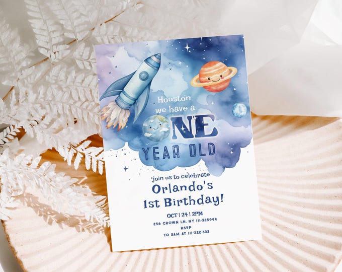 Outer Space Birthday invitation, Editable Houston we have a One year old Space Ship Birthday Invitation, Planets Rocket Ship invite #sp1