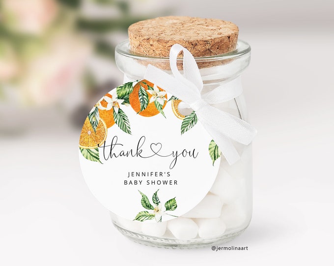 Little cutie baby shower favor tag. Orange round favor tag template. Citrus Circle Favor Tags Template. Citrus baby shower favors Corjl #or1